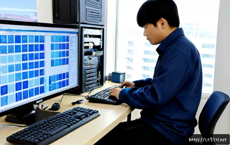 성포동 PAGE_TABLE_CORRUPT - Photorealistic IT support workstation in a compact Seongpo-dong apartment office, dual monitors show...