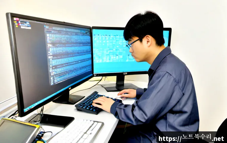 영통구 PAGE_TABLE_CORRUPT - Photorealistic IT recovery workstation in Yeongtong-gu, Suwon, a focused engineer examining a deskto...