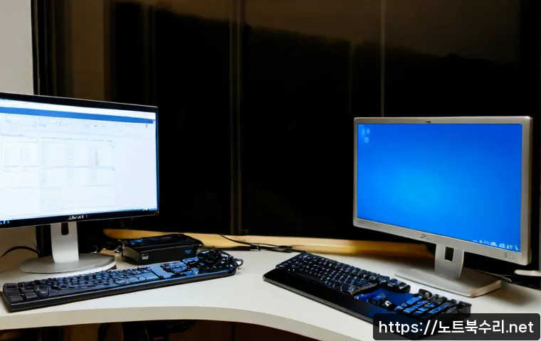 구천동 블루스크린 - Photorealistic IT support workstation in a compact Seoul apartment office, dual monitors with one di...