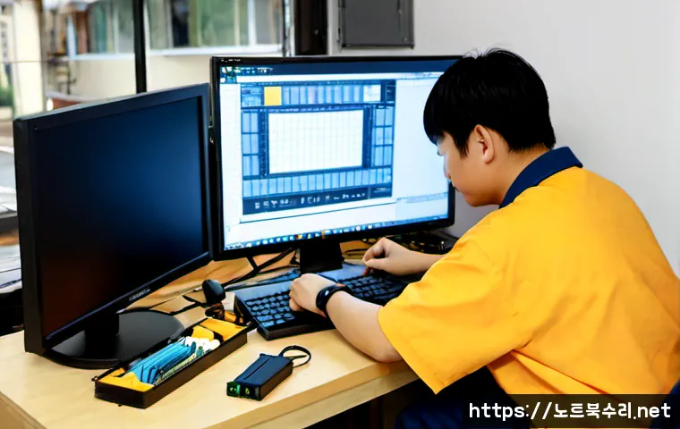 인헌동 메인보드조립 및 교체수리 - Photorealistic motherboard replacement repair bench in a compact Inheon-dong computer workshop, tech...