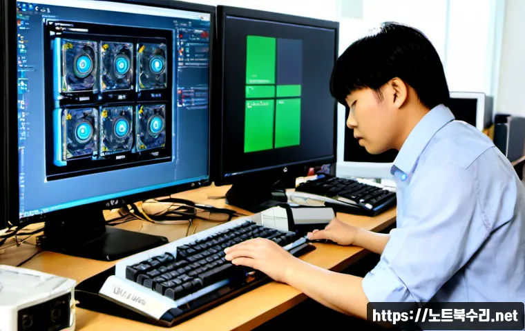 궁동 STATUS_KERNEL_MODULE_INVALID - Photorealistic computer repair workstation in a compact university-district office, technician revie...