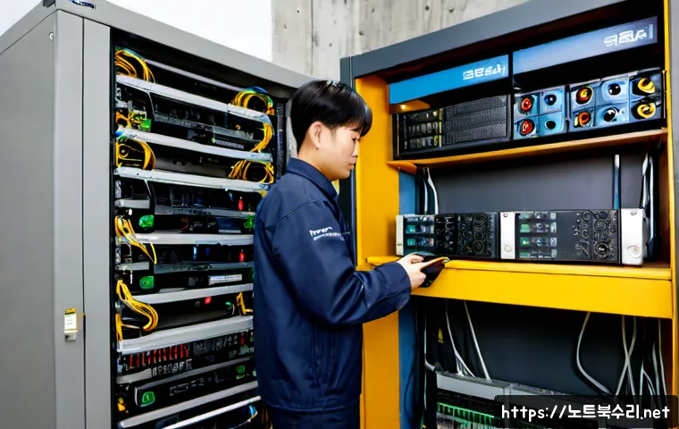 성수동 서버출장방문수리점 - Photorealistic on-site server repair inside a renovated Seongsu industrial studio office, technician...