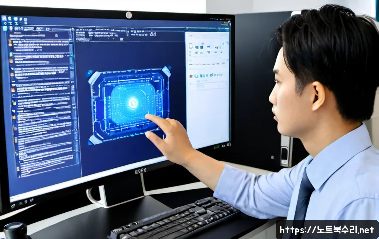 야탑동 STATUS_KERNEL_SECURITY_CHECK - Photorealistic IT support workstation in a modern Bundang-style office, dual monitors showing a text...
