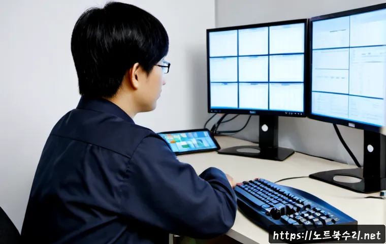 전곡읍 STATUS_KERNEL_LOG_FAILURE - Photorealistic remote IT support workstation in a compact township office, dual monitors showing abs...
