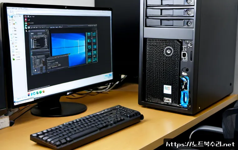 수궁동 공장초기화복구 - Photorealistic PC recovery workstation in a compact industrial office, technician restoring a deskto...