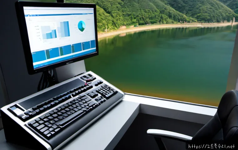 청평면 STATUS_MODULE_CORRUPTION - Photorealistic IT support workstation overlooking a quiet lakeside valley near Cheongpyeong, dual mo...