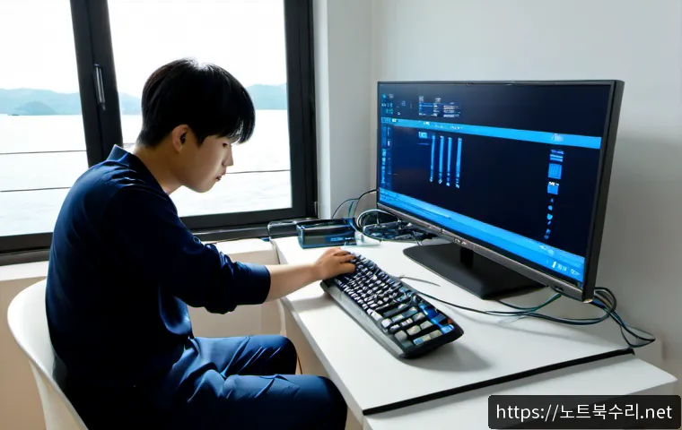 맥금동 STATUS_KERNEL_REGISTRY_ERROR - Photorealistic remote IT support workstation in a modern apartment near a quiet Korean riverside nei...