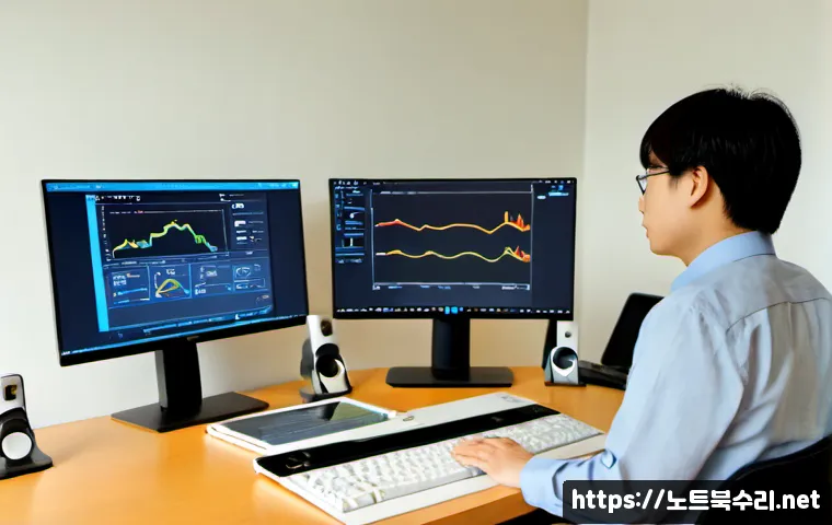 마전동 STATUS_FLOAT_DIVIDE_BY_ZERO - Photorealistic IT support workstation in a quiet Magjeon-dong apartment office, dual monitors showin...