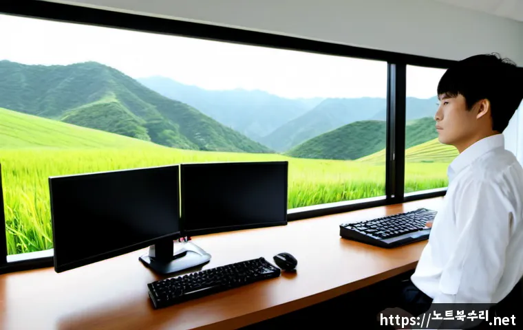 퇴촌면 STATUS_INVALID_SESSION - Photorealistic remote-support workstation in a quiet rural Korean township office, dual monitors sho...