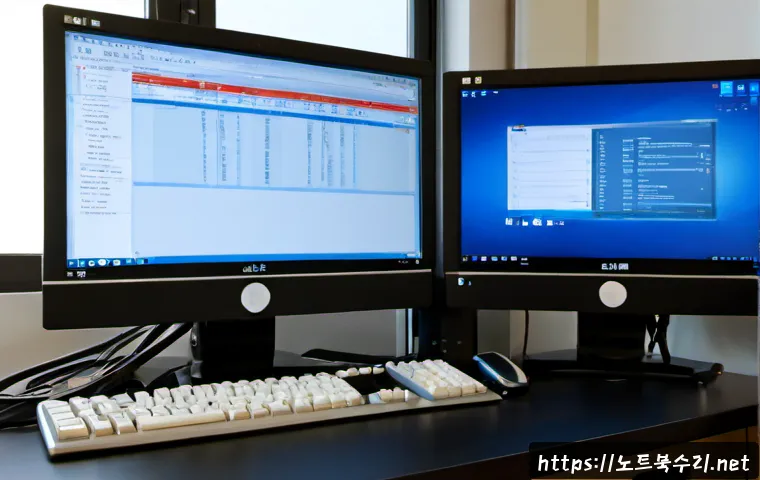 상지석동 STATUS_KERNEL_DISK_ERROR - Photorealistic IT support workstation in a compact Seokgwan-dong style apartment office, dual monito...
