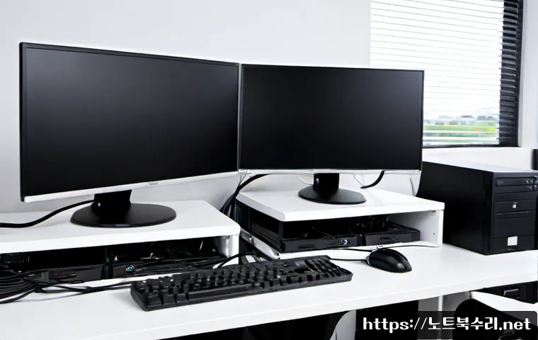 율동 입력신호가 없습니다 - Photorealistic IT support workstation in a modern office, dual monitors with one screen completely b...
