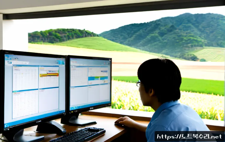 이동면 STATUS_INSUFFICIENT_RESOURCES - Photorealistic IT support workstation in a quiet rural Korean township office, dual monitors showing...