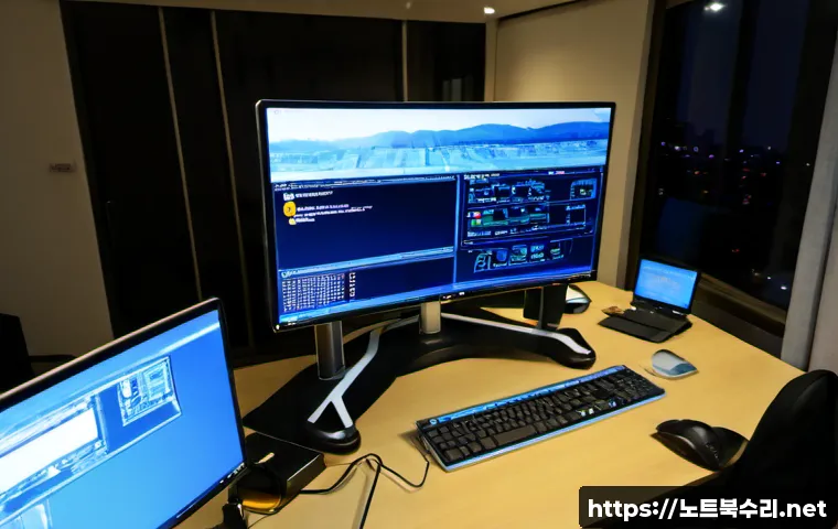 남영동 DRIVER_VERIFIER_DETECTED_VIOLATION - Photorealistic IT support workstation in a compact Namyeong-dong office, dual monitors showing a non...