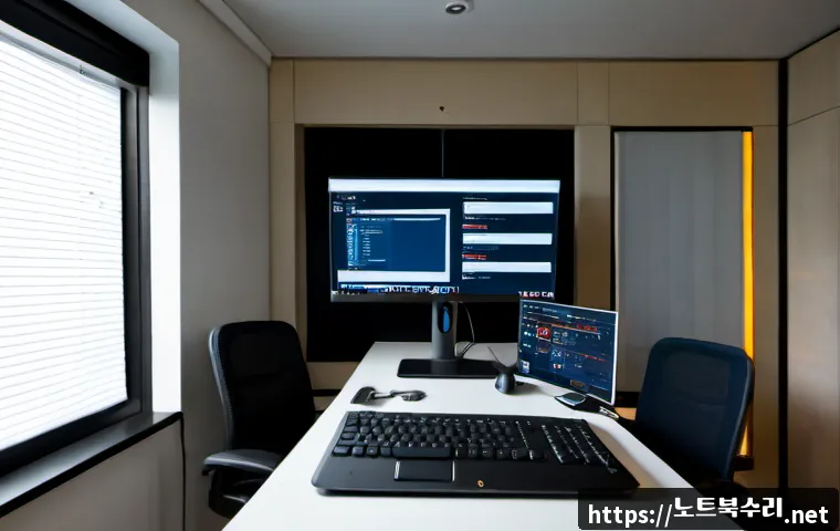 하지석동 STATUS_KERNEL_BOOT_FAILURE - Photorealistic remote-support workstation in a compact apartment office, dual monitors showing a dar...