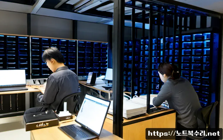 서교동 파일서버출장방문수리점 - Photorealistic on-site file server repair in a compact Seogyo-dong creative studio office, technicia...