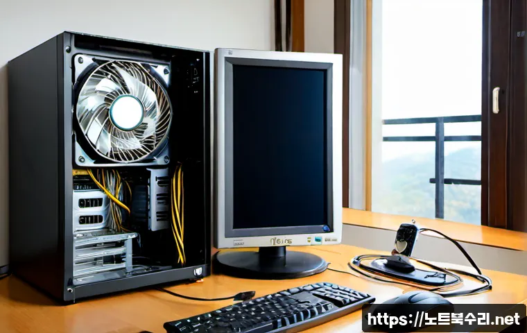 양천구 팬돌다 멈춤 - Photorealistic remote PC repair workstation in a quiet Yangcheon apartment, desktop tower side panel...