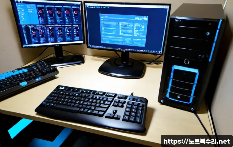 효제동 WIN32K_LOCK_HELD_TOO_LONG - Photorealistic remote IT support workstation in a compact Hyoje-dong office, dual monitors showing a...