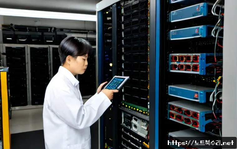 양촌읍 서버출장방문수리점 - Photorealistic server field repair inside a compact Yangchon-eup industrial office, technician inspe...