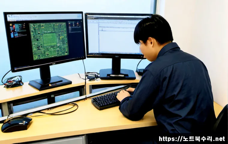 제기동 HARDWARE_FAILURE - Photorealistic IT support workstation in a compact Jege-dong office, technician inspecting a desktop...
