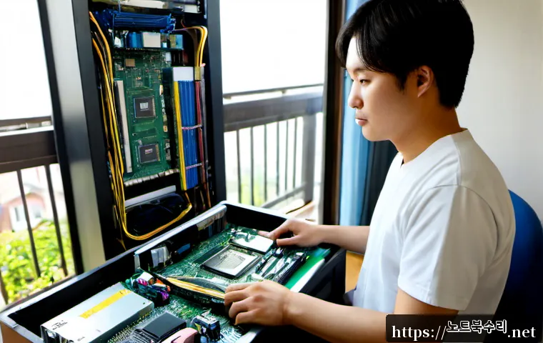 서림동 컴퓨터 desktop 출장방문수리점 - Photorealistic apartment home-office desktop repair visit in a quiet Korean residential neighborhood...