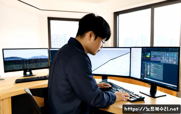 동교동 PAGE_TABLE_CORRUPT - Photorealistic Donggyo-dong creative studio, remote IT specialist examining a dual-monitor workstati...