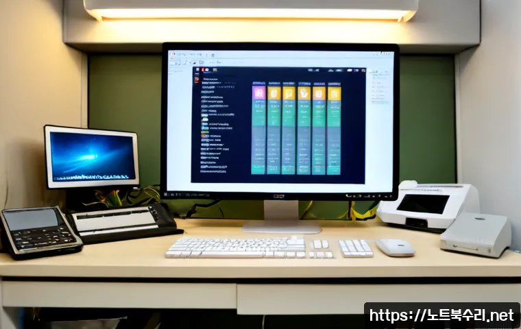 효창동 공장초기화복구 - Photorealistic IT recovery workstation inside a compact Hyocheong-dong repair office, desktop monito...