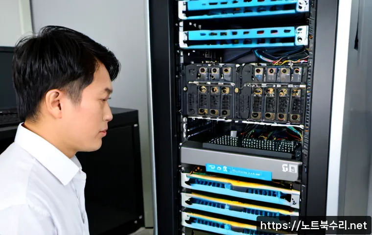 무교동 파일서버출장방문수리점 - Photorealistic on-site file server repair in a compact Mugyo-dong office, technician reconnecting la...