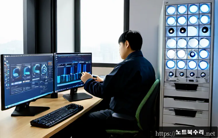기산동 DRIVER_CAUGHT_MODIFYING_FREED_POOL - Photorealistic IT support workstation in a compact Gisan-dong office, technician examining a desktop...