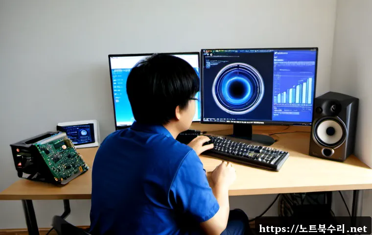 우장산 KERNEL_SECURITY_CHECK_FAILURE - Photorealistic IT support workstation in a compact apartment office near a wooded urban hill, deskto...