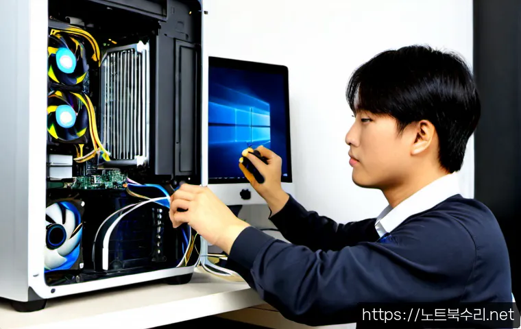 청림동 쿨러조립 및 교체수리 - Photorealistic desktop PC repair workstation in a compact Cheongnim-dong apartment office, technicia...