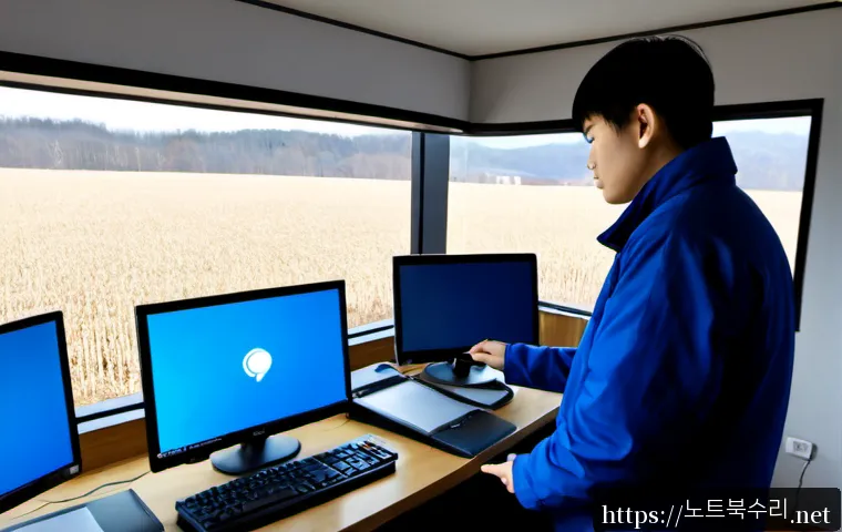 대월면 PAGE_FAULT_IN_NONPAGED_AREA - Photorealistic remote-support workstation in a quiet rural Korean office, dual monitors with a blank...