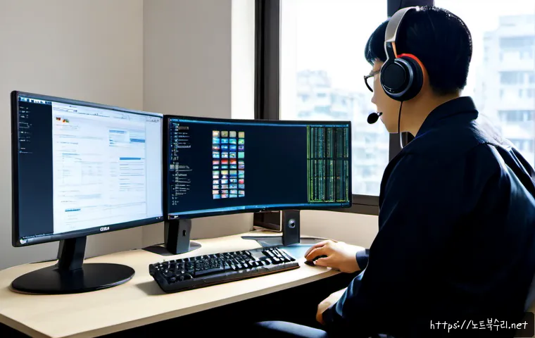 당왕동 FAT32_FILE_SYSTEM - Photorealistic remote IT support workstation in a compact Korean neighborhood office, dual monitors ...