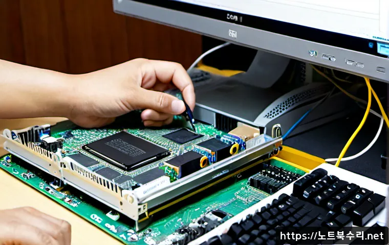 상대원동 메모리조립 및 교체수리 - Photorealistic computer repair workstation in a compact Sangdaewon-dong electronics workshop, techni...