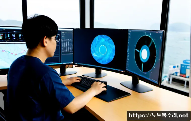 부산동 STATUS_KERNEL_APC_PENDING - Photorealistic IT support workstation in a Busan harbor-side design studio, dual monitors showing a ...