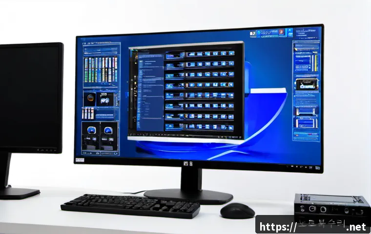 상면 SYSTEM_THREAD_EXCEPTION_NOT_HANDLED - Photorealistic modern PC repair workstation, dual monitors with a blank cobalt-blue system crash scr...
