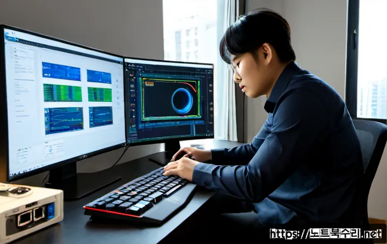 동삭동 KERNEL_DATA_INPAGE_ERROR - Photorealistic IT support workstation in a modern Dongsa-dong apartment office, engineer diagnosing ...