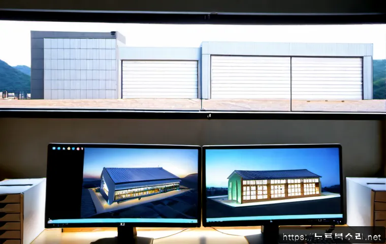 법곳동 STATUS_FILE_LOCK_CONFLICT - Photorealistic architectural workstation in a quiet Korean industrial district office, dual monitors...