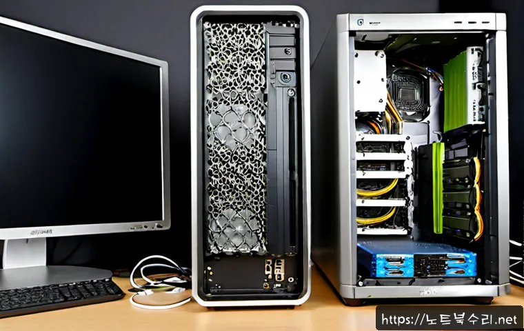 전동 윈도우7 windows7 재설치 포맷  초기화 - Photorealistic PC repair workstation, a desktop tower opened beside a monitor showing a clean Window...