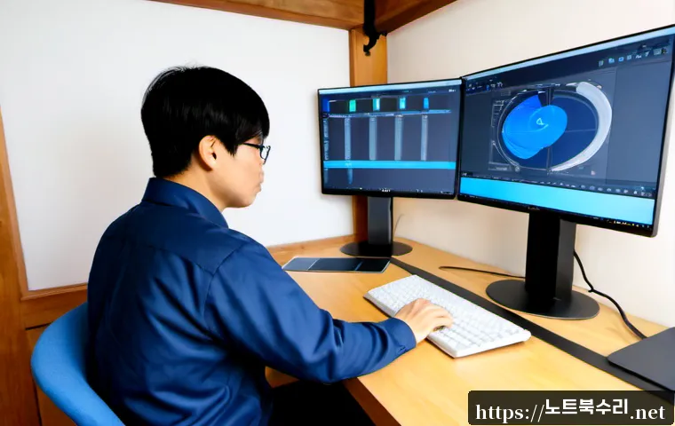체부동 STATUS_KERNEL_SECURITY_CHECK - Photorealistic remote IT support workstation in a compact Chebu-dong design studio, dual monitors sh...