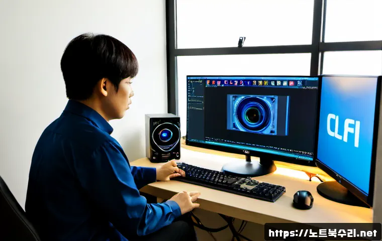 평리동 KMODE_EXCEPTION_NOT_HANDLED - Photorealistic desktop support workspace in a compact Pyeongni-dong apartment office, dual monitors ...