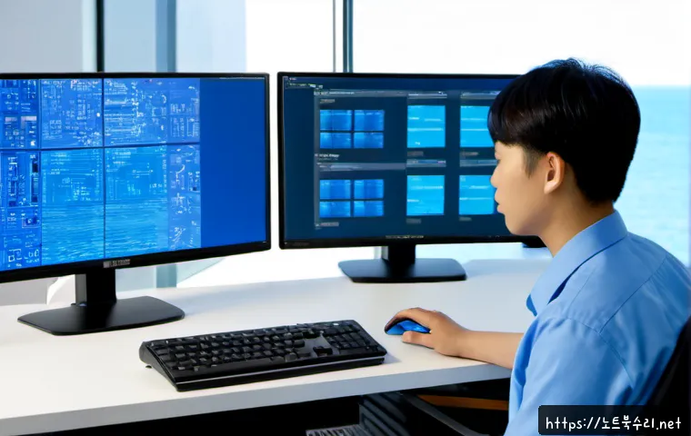 대부동 STATUS_KERNEL_INIT_FAILURE - Photorealistic remote IT support workstation in a modern coastal engineering office, dual monitors s...