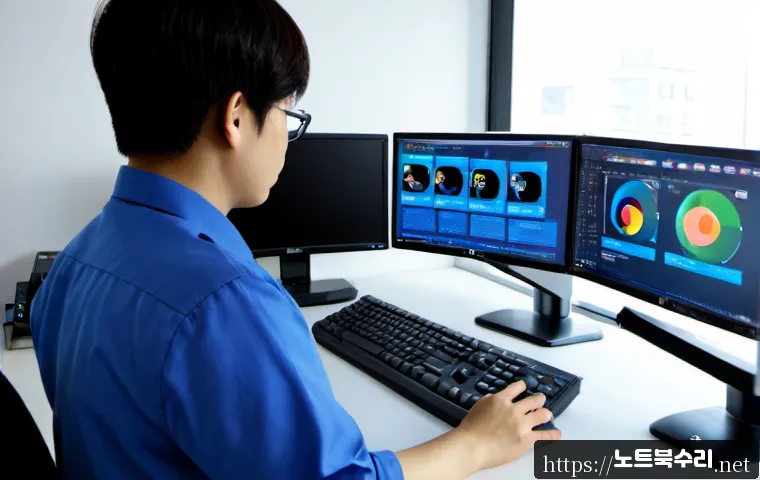 호계동 KERNEL_SECURITY_CHECK_FAILURE - Photorealistic IT support workstation in a compact Hogye-dong office, dual monitors with one showing...