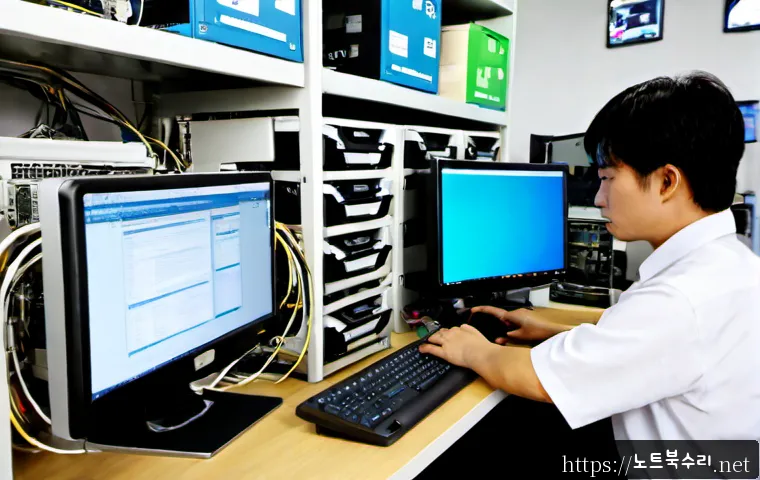 진위면 공장초기화복구 - Photorealistic industrial office workstation in a Pyeongtaek-area factory, technician recovering a d...