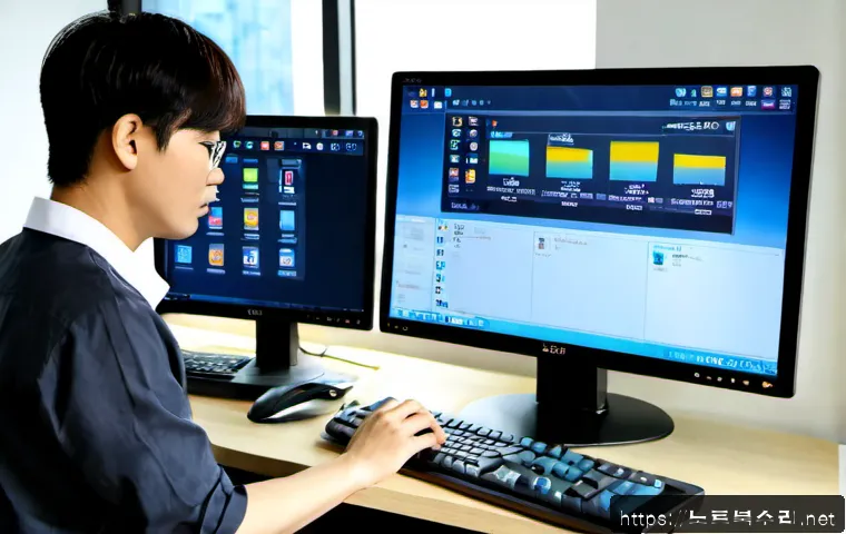 송포동 MEMORY_MANAGEMENT - Photorealistic remote IT support workstation in Songpo-dong, a desktop monitor showing a clean softw...
