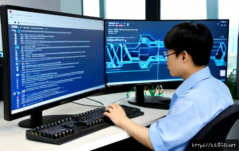 성남시 ACPI_BIOS_ERROR - Photorealistic IT support workstation in a modern Pangyo tech office, dual monitors showing a blue s...