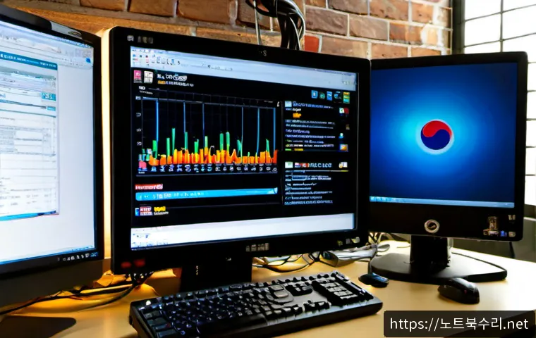 서소문동 FAT32_FILE_SYSTEM - Photorealistic IT support workstation in a compact central Seoul office near an old brick civic dist...