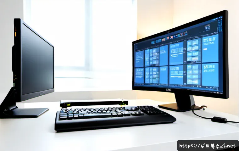 하남시 VIDEO_DRIVER_INIT_FAILURE - Photorealistic IT support workstation in a modern Hanam apartment office, dual monitors with one bla...