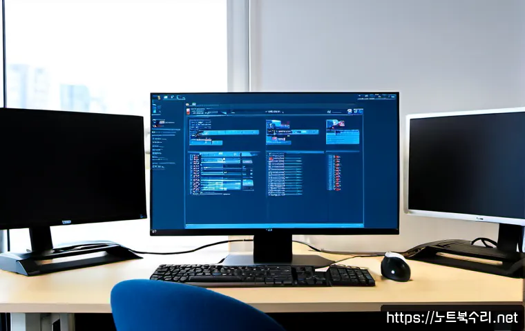 와룡동 BAD_SYSTEM_CONFIG_INFO - Photorealistic IT support workstation in a compact Waryong-dong office, dual monitors showing a blan...