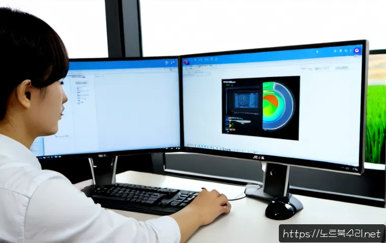 진건읍 STATUS_KERNEL_PERMISSION_DENIED - Photorealistic IT support workstation in a modern Korean township office, dual monitors showing abst...