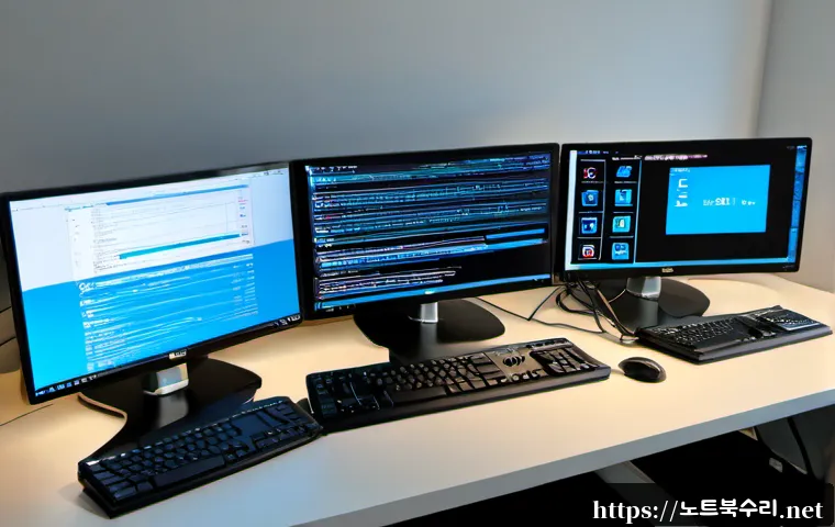 탄현동 NTFS_FILE_SYSTEM - Photorealistic IT support workstation in a modern apartment office near Tanhyeon-dong, dual monitors...